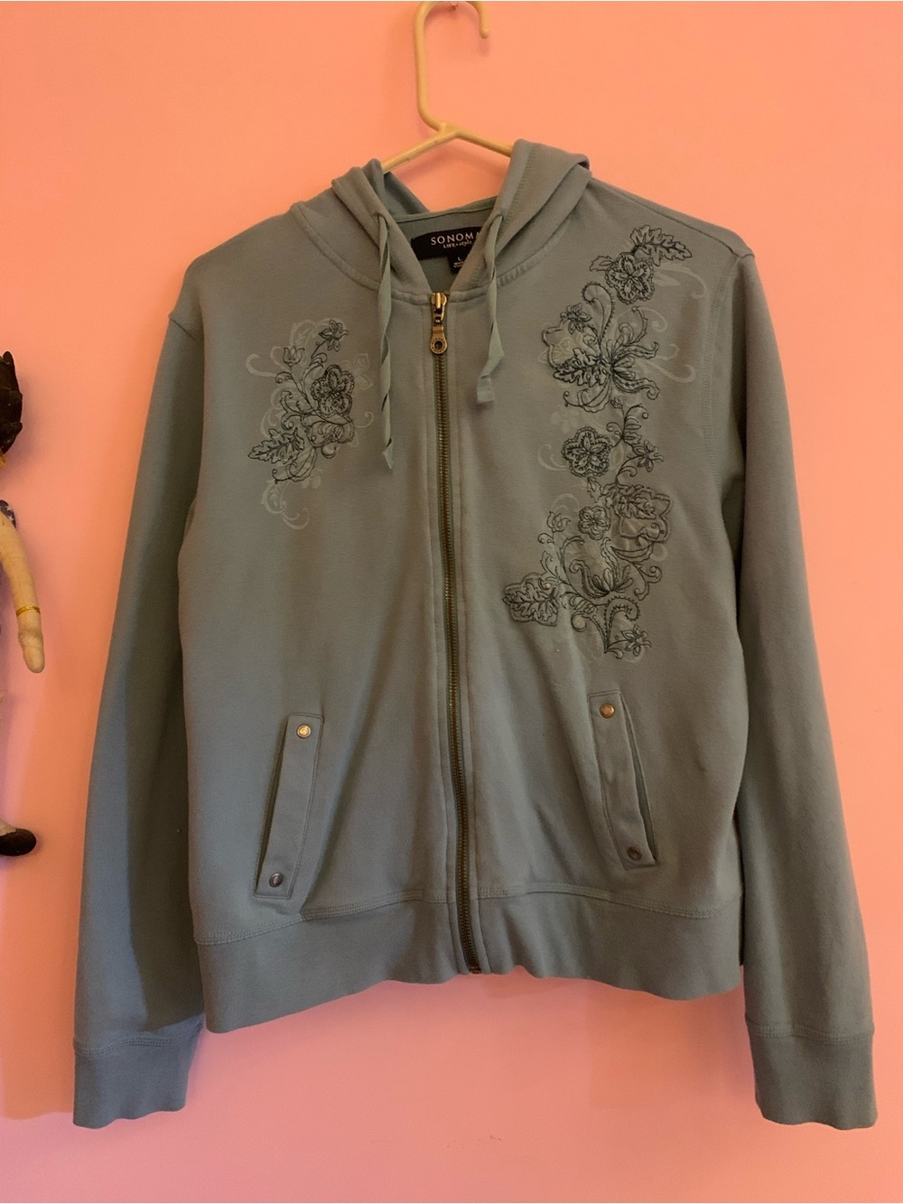 Y2K Sonoma Dusty Teal Floral Zip Hoodie Bomber